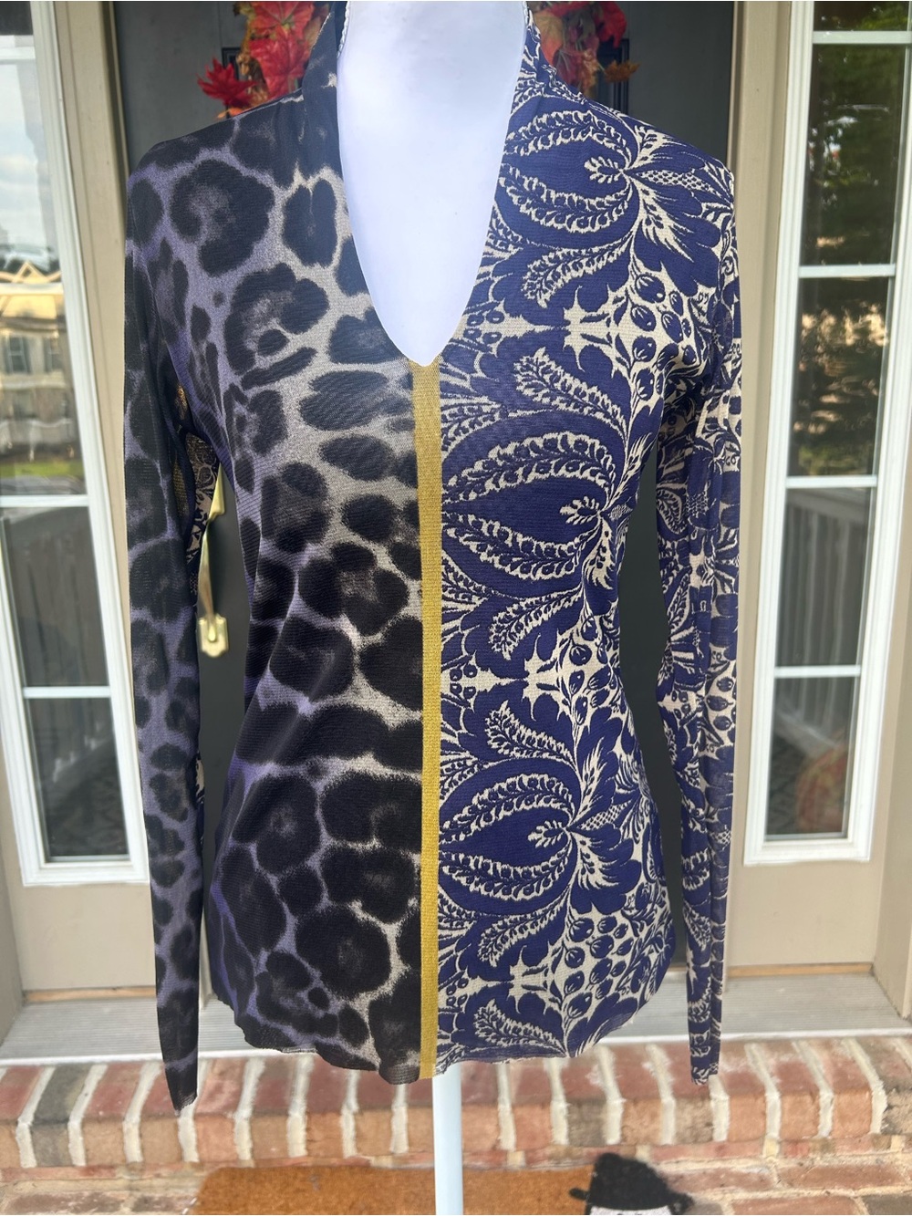 Vintage Y2K Petit Pois by Viviana stretch mesh long sleeve patchwork leopard top